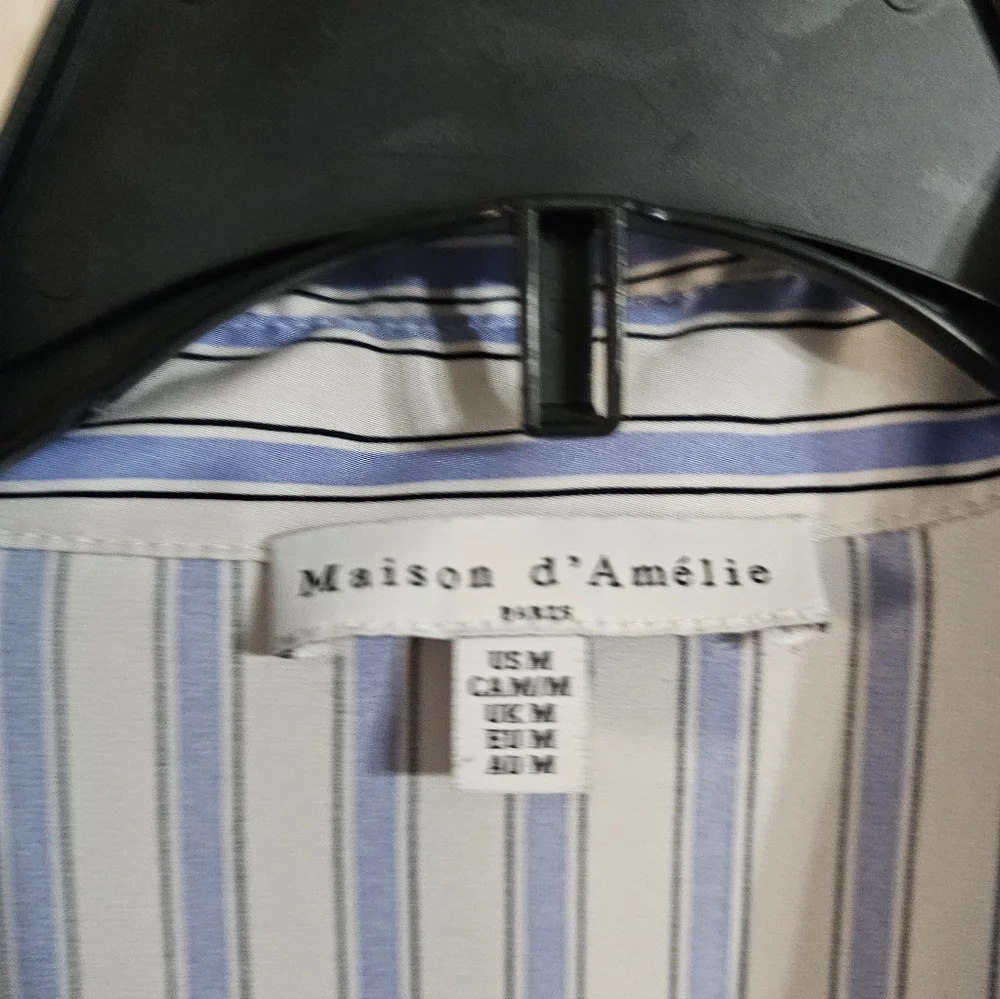 Maison d’Amélie Paris Womens M Blue White Stripe Button Shirt Stretch Work Top - Picture 4 of 7